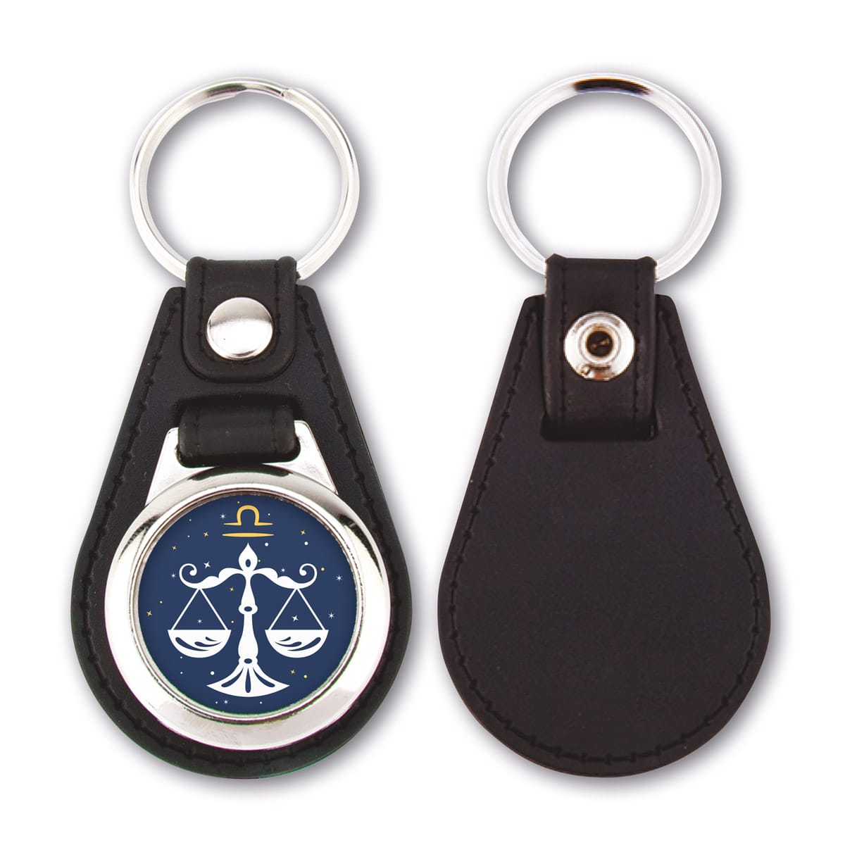 Zwei Schlüsselanhänger aus schwarzem Leder; einer zeigt ein Widder-Symbol auf marineblauem Hintergrund.