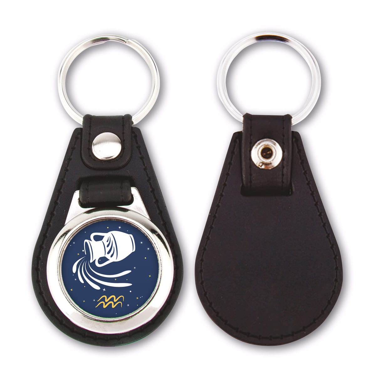 Zwei Schlüsselanhänger aus schwarzem Leder, einer mit dem Sternzeichen Widder auf sternförmigem Hintergrund.