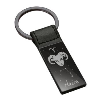 Edler Anhänger mit Sternzeichen Widder (Aries): Schwarzer Schlüsselanhänger mit Widder, Sternbild & "Aries"-Schrift auf Rechteck-Tag.