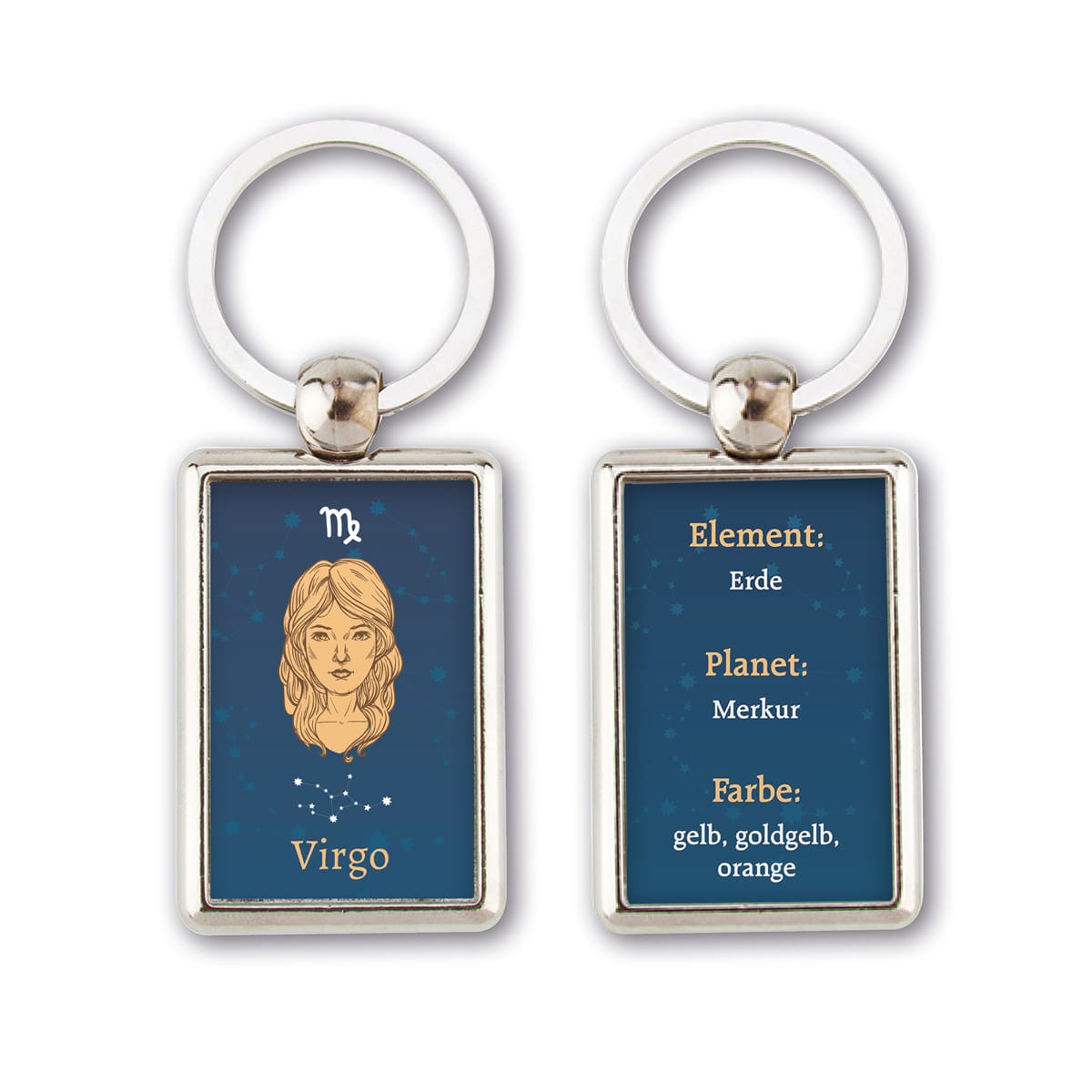 Zwei silberne Schlüsselanhänger: einer mit der Kunst der Fische, der andere mit der Auflistung der Elemente, Planeten und Farben der Fische auf Deutsch.