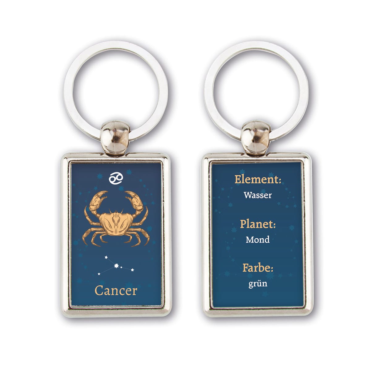 Zwei silberne Schlüsselanhänger zeigen das Sternzeichen der Fische, deutsche Merkmale und eine Fischillustration auf blauem Hintergrund.