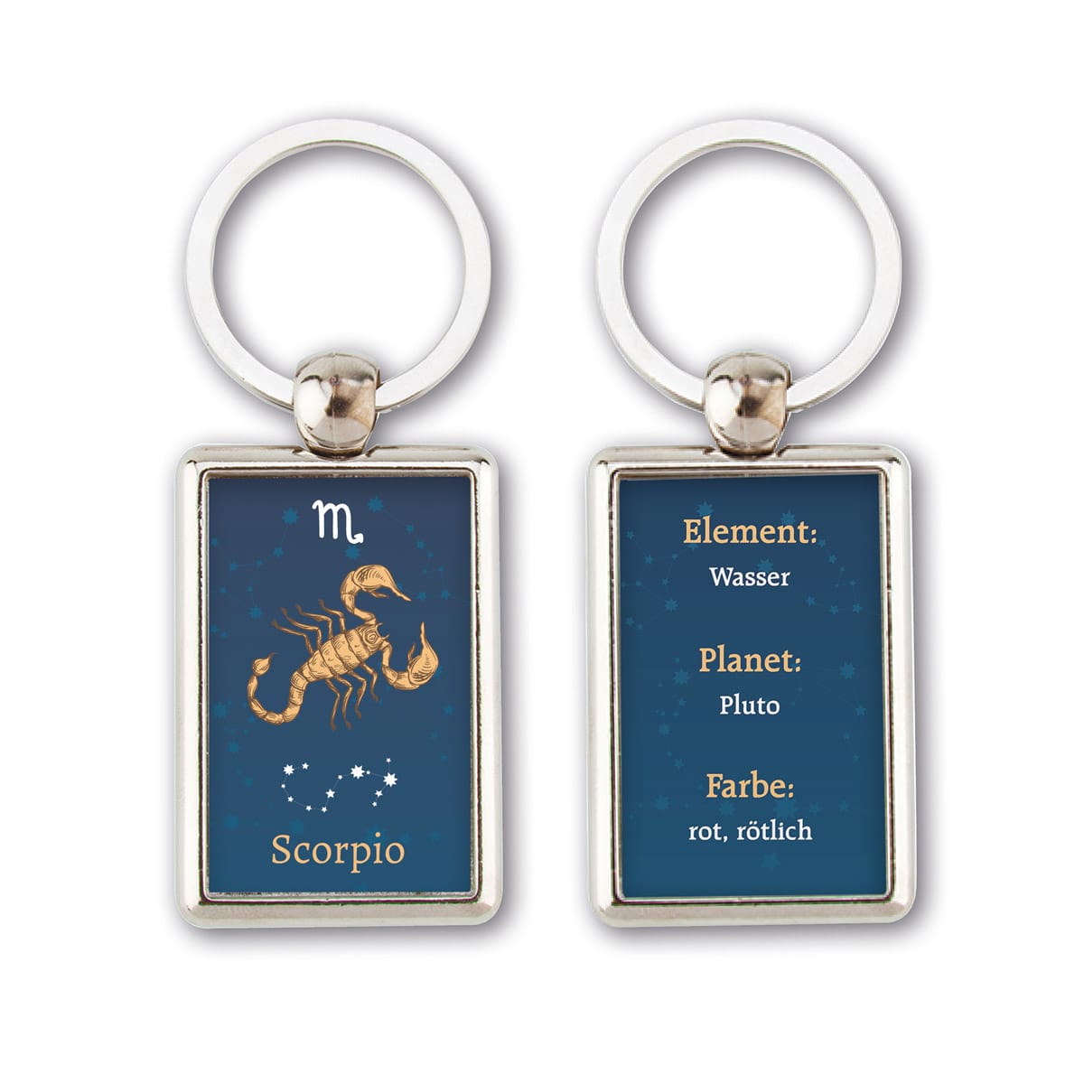 Rechteckiger Fisch-Schlüsselanhänger mit Fischbild auf der einen Seite und Element-, Planeten- und Farbinformationen in deutscher Sprache auf der anderen Seite.