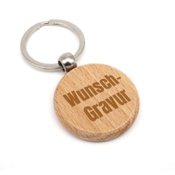 Schlüsselanhänger "WoodRound" aus Holz mit deinem Logo, Symbol oder Text - befestigt an einem silbernen Schlüsselring.
