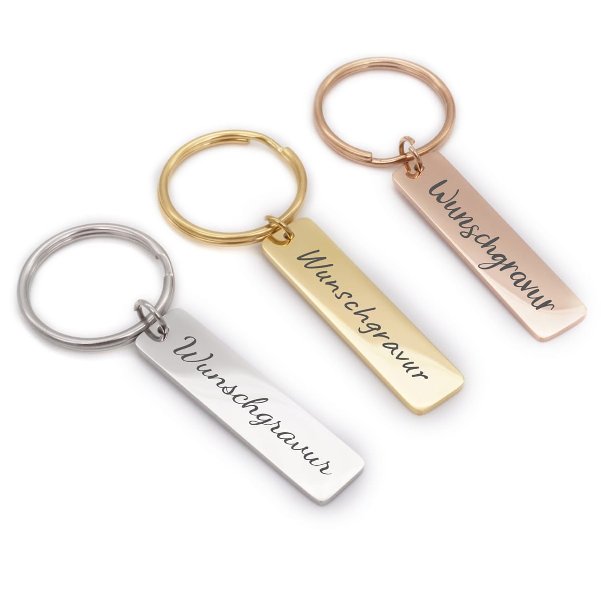 Satz von drei Schlüsselanhängern "Chinaree" in Silber, Gold und Roségold, jeweils graviert mit Wunschgravur.