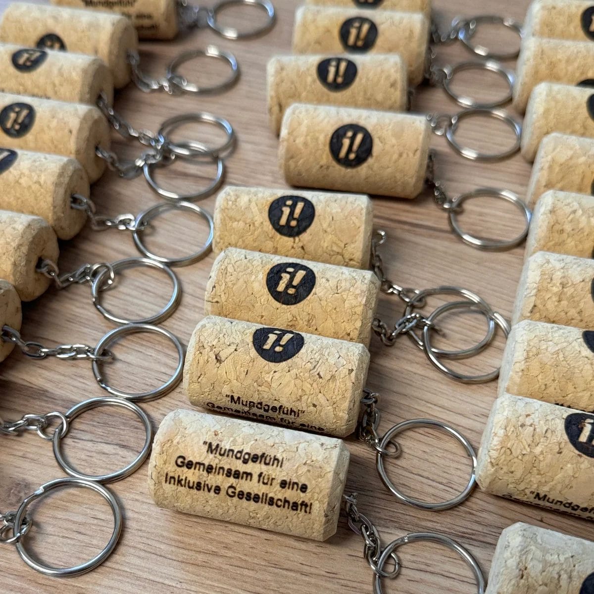 Schlüsselanhänger "Weinkorken" mit Gravur, ordentlich auf Holz präsentiert, zeigen deutsche Texte und Logos.