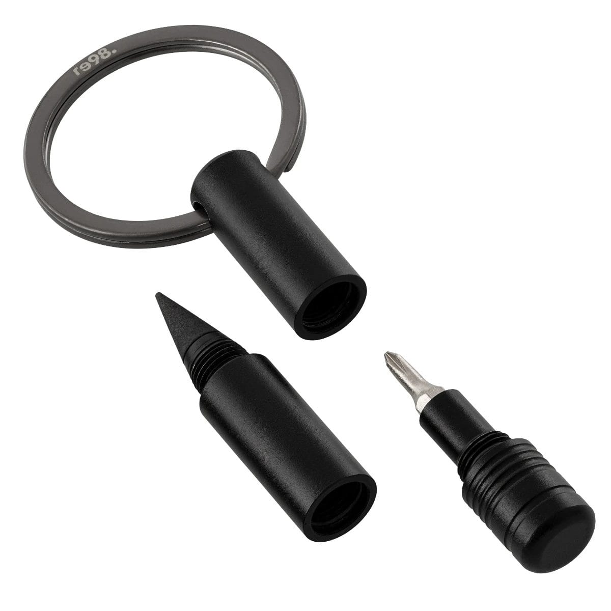 Schlüsselanhänger aus schwarzem Metall mit abnehmbarem Multitool, das eine Spitze und einen Kreuzschlitzschraubendreher enthält.