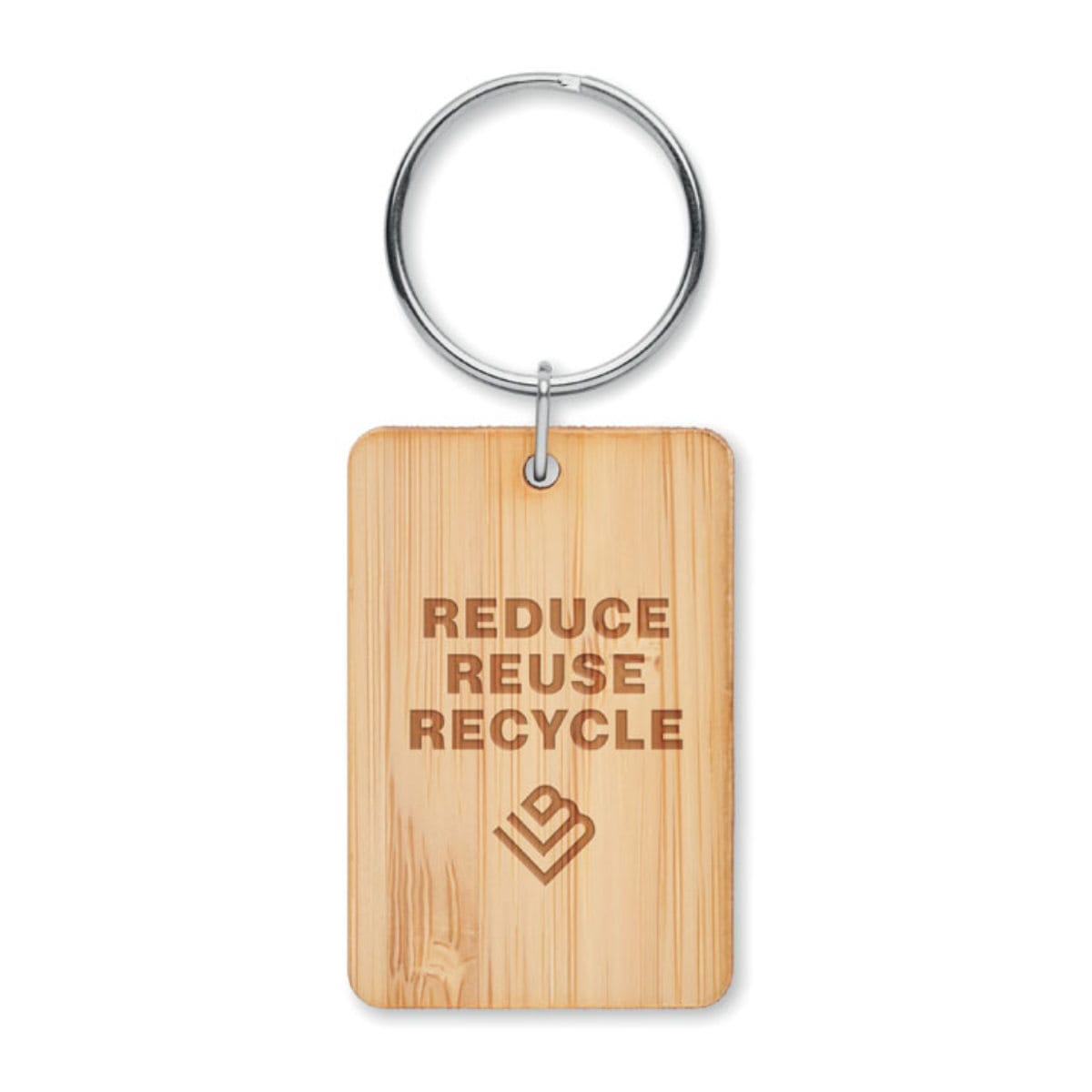 Der Schlüsselanhänger "ANGLEBOO" ist ein hölzerner Schlüsselanhänger mit der Gravur "REDUCE REUSE RECYCLE" und einem geometrischen Logo darunter.