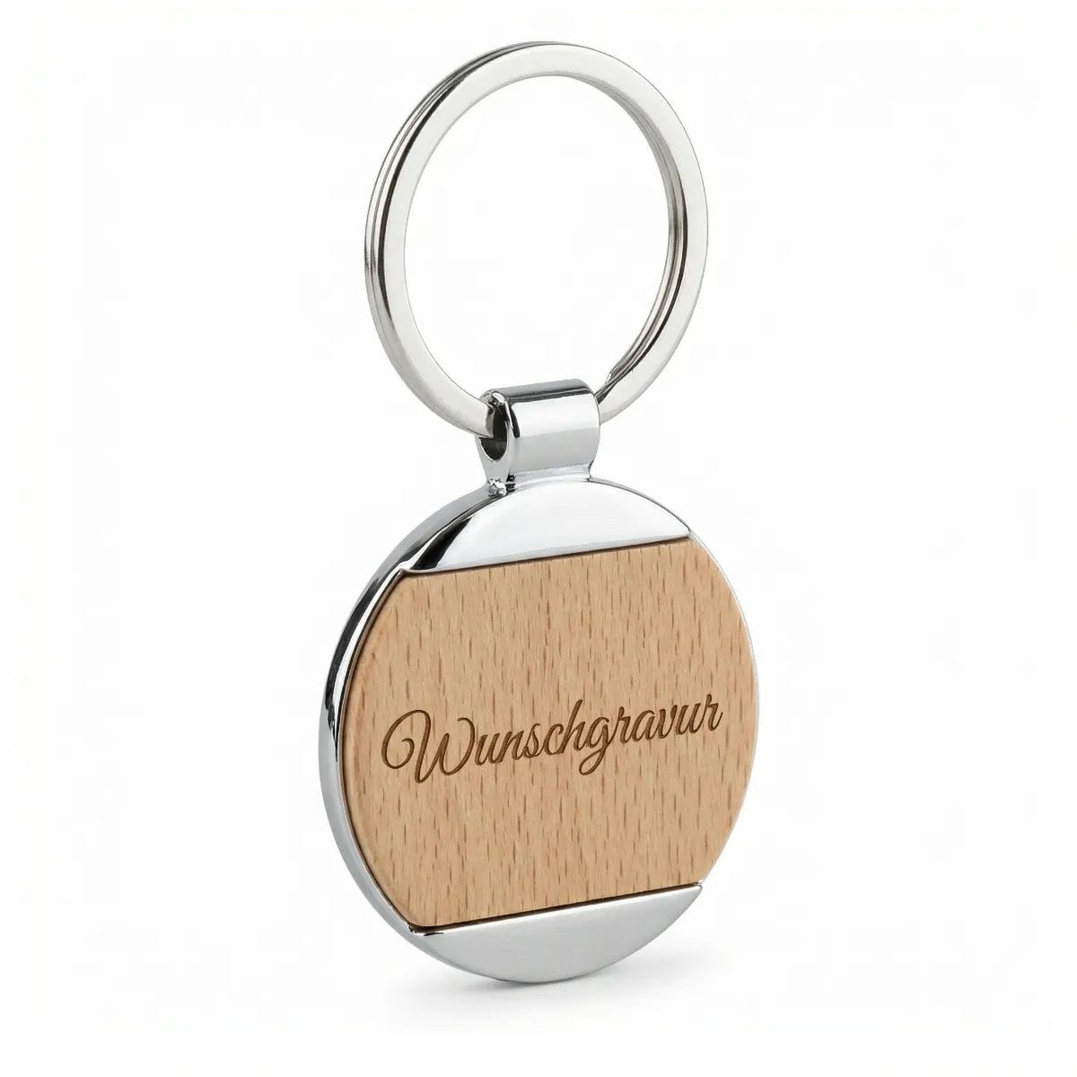 Runder Schlüsselanhänger mit einem Metallring und einer Holzplatte, auf der das Wort "Wunschgravur" eingraviert ist.